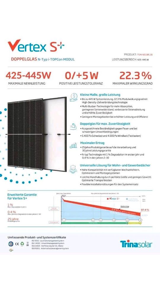 445 Watt Trina Vertex S+ Glas Glas ✅ Lieferung nur 29.€ ✅ neueste Serie - PV Module Solarmodul Solarpanel Balkonkraftwerk Photovoltaikmodule (TSM-425 NEG9R.28) in Stuttgart