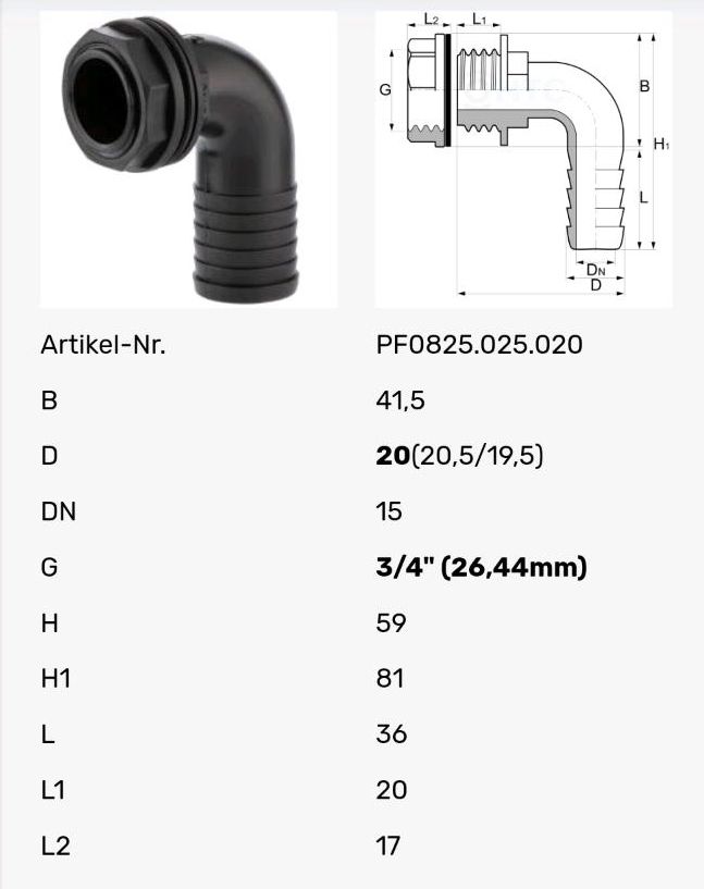 Tankdurchführung 90° Winkel, AG 3/4"x20mm, D=20mm in Wernau