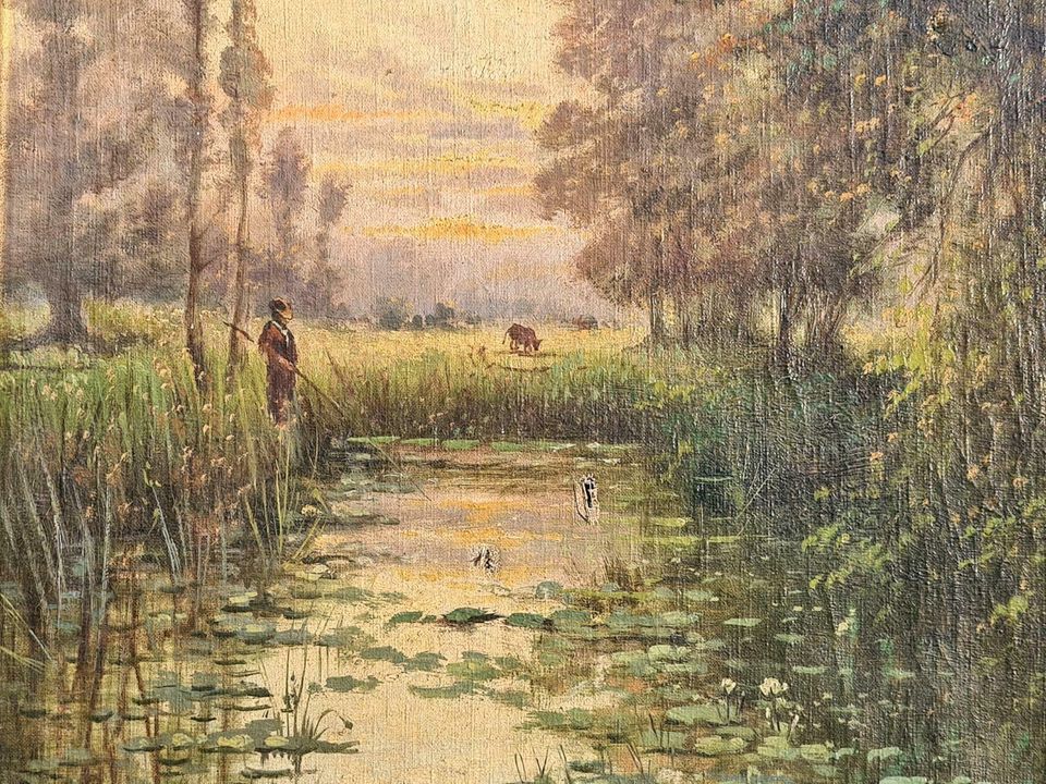 Gemälde W. Böhmer Angler Teich Landschaft Fischer Öl/Lwd um 1920 in Gommern