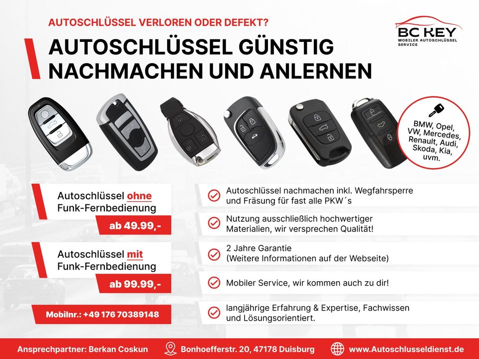 Autoschlüssel günstig & hochwertig nachmachen I Mobiler Service I Alle Automarken I   VW, Porsche, Renault, Seat, Skoda, Smart, Mitsubishi, Nissan, Opel, Peugeot, Suzuki, Ssangyong, Toyota, Volvo in Duisburg