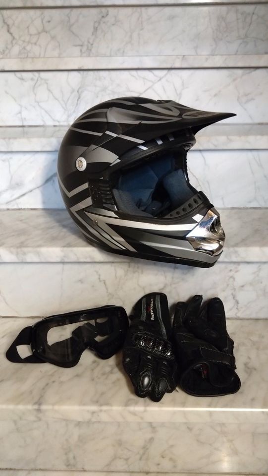 Crosshelm Endurohelm Motorradhelm Gr. M - mit Brille und Motorrad in Simmerath