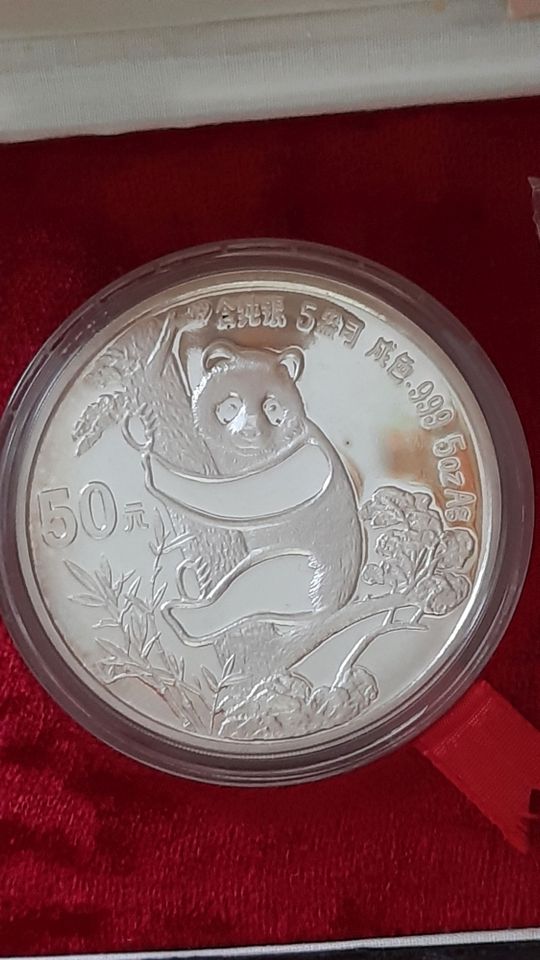 China Panda 1987 10 Yuan + 50 Yuan, Silber PP, 5 Oz + 1 Oz, Set in Mittweida