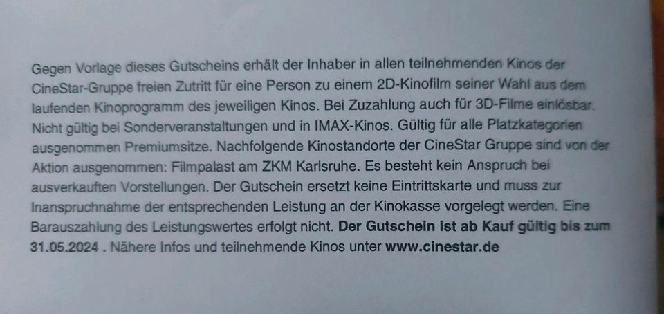 Gutschein Cinestar 2 Erwachsene 2 Kinder in Zossen-Waldstadt
