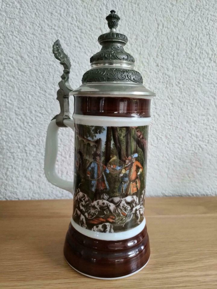 Bierkrug, Krug, Rastal, 1977, Höhr-Grenzhausen, Treibjagd, Zinn in Neresheim