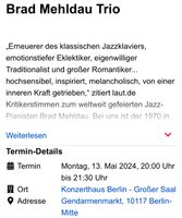 2 Tickets für Brad Mehldau im Konzerthaus am 13.05. abzugeben! Berlin - Mitte Vorschau