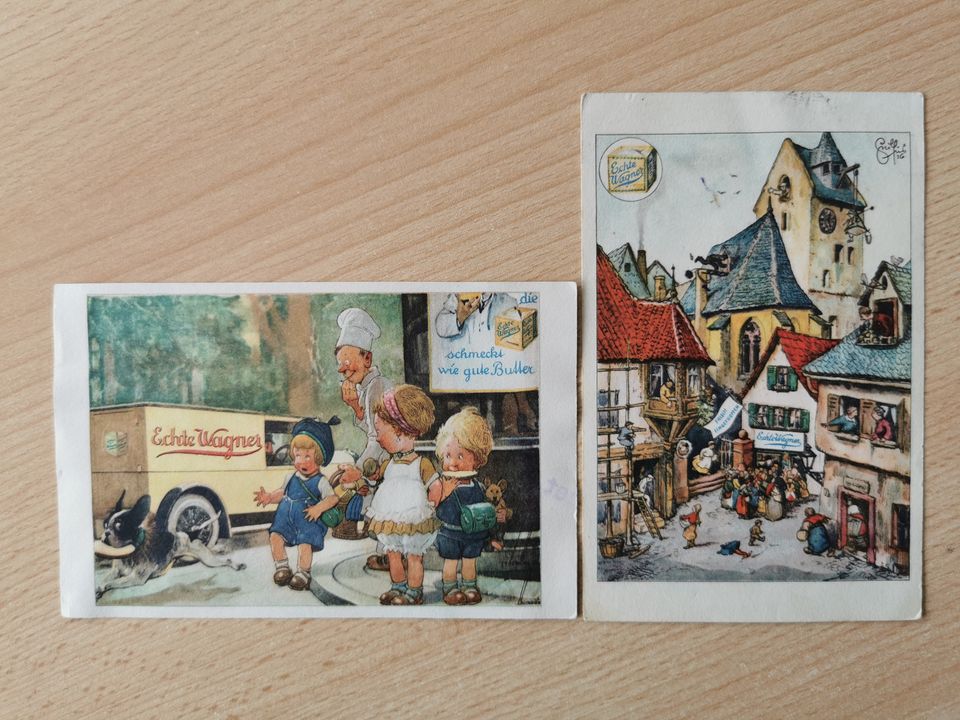 Zwei farbige Postkarten der Margarinefabrik Wagner, Elmshorn 20er in Kiel