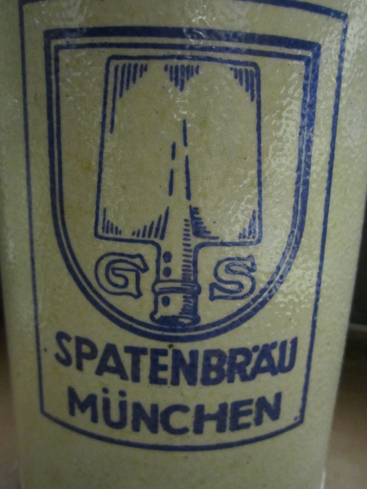 Bierkrug, Maßkrug Steinzeug Spatenbräu München in Münchberg