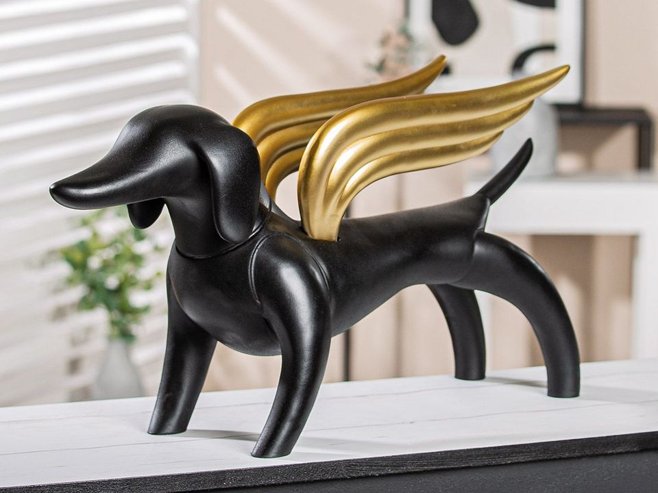 Fliegender Dackel Skulptur – Moderne Kunstharz Figur mit goldenen in Gladbeck