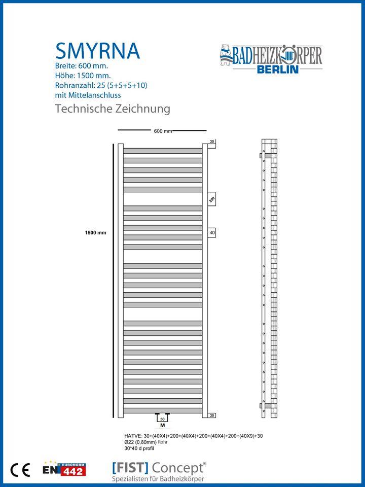 Badheizkörper SMYRNA Schwarz Matt Breite: 600 mm. Höhe: 1500 mm. in Berlin
