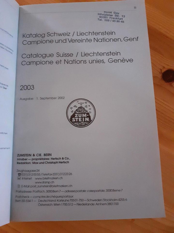 Katalog Zumstein Schweiz Liechtenstein 2003 in Nußloch