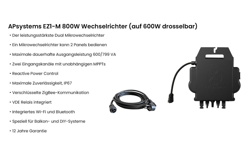 Balkonkraftwerk 870W JaSolar Bifaziale Full Black Glas-Glas Module/AP800W EZ1-M APSYSTEMS Wechselrichter mit 5m Anschlusskabel Komplettanlage-Berlin in Berlin