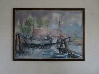 Aquarell Boot am Steg mit Holzrahmen Bild Niedersachsen - Stade Vorschau