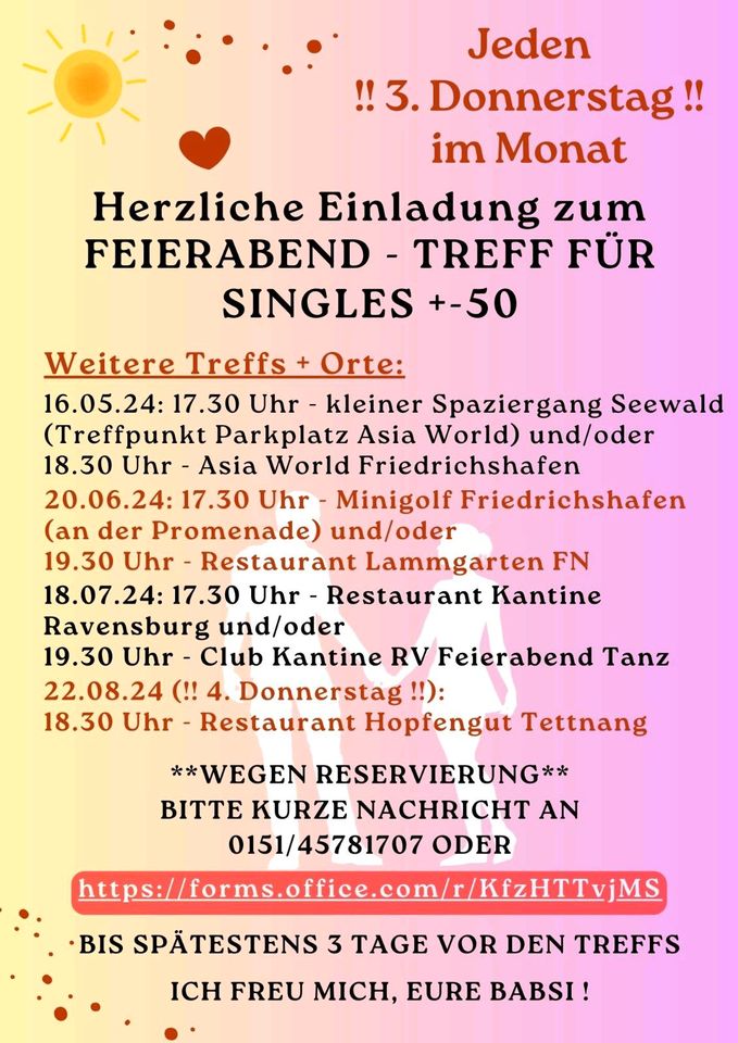 Feierabend-Treff für Singles +- 50 in Meckenbeuren
