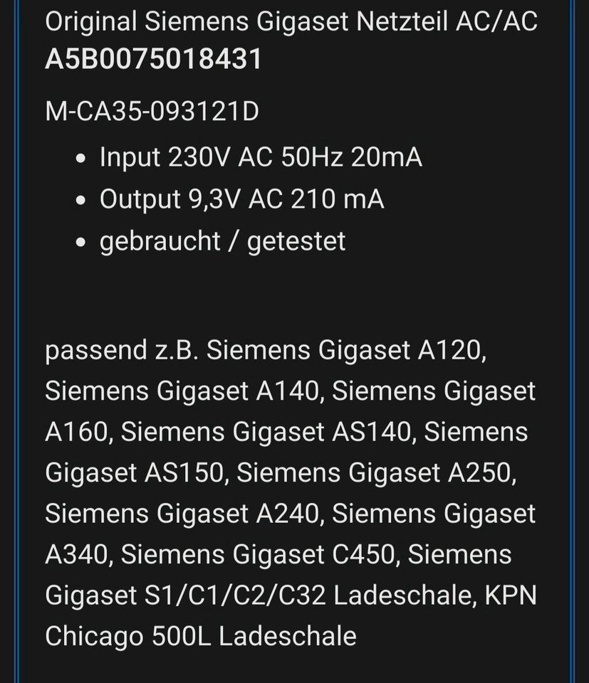 Gebrauchter Siemens Stecker Netzteil CR39280-24-C494 in Lemgo