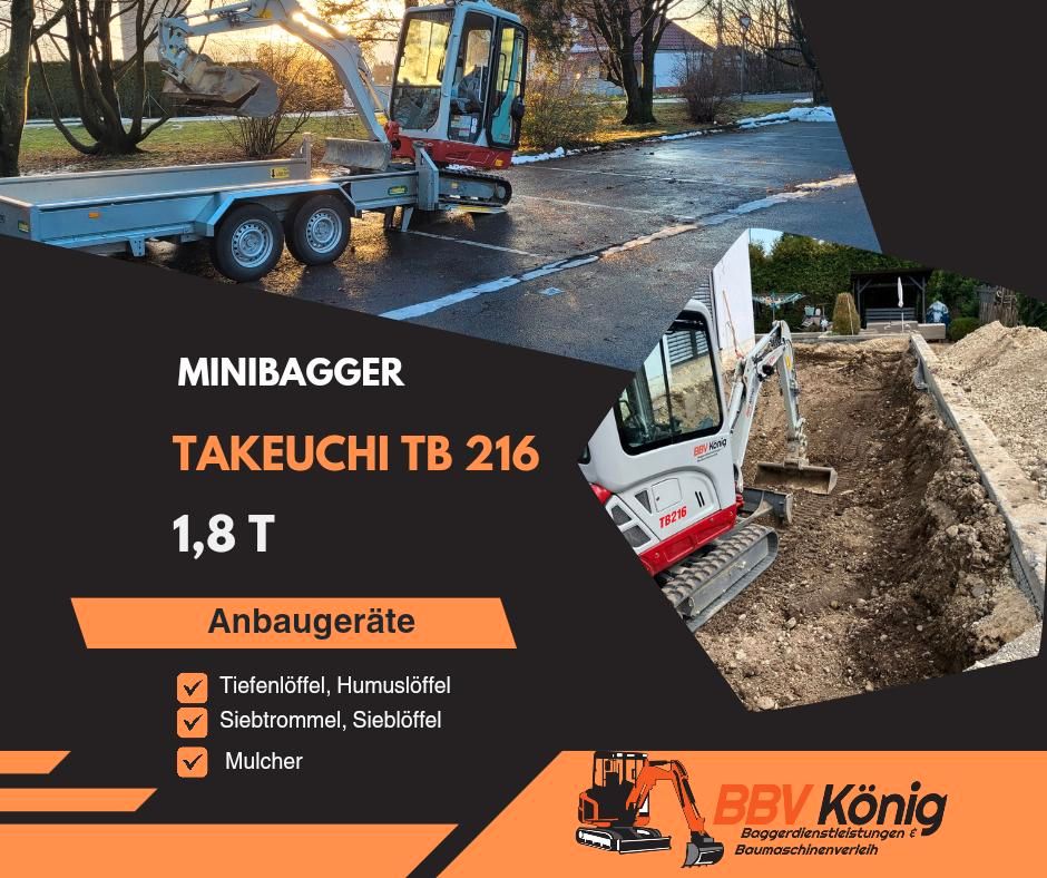 Mieten/ Minibagger/ Bagger Takeuchi TB216 in Ichenhausen