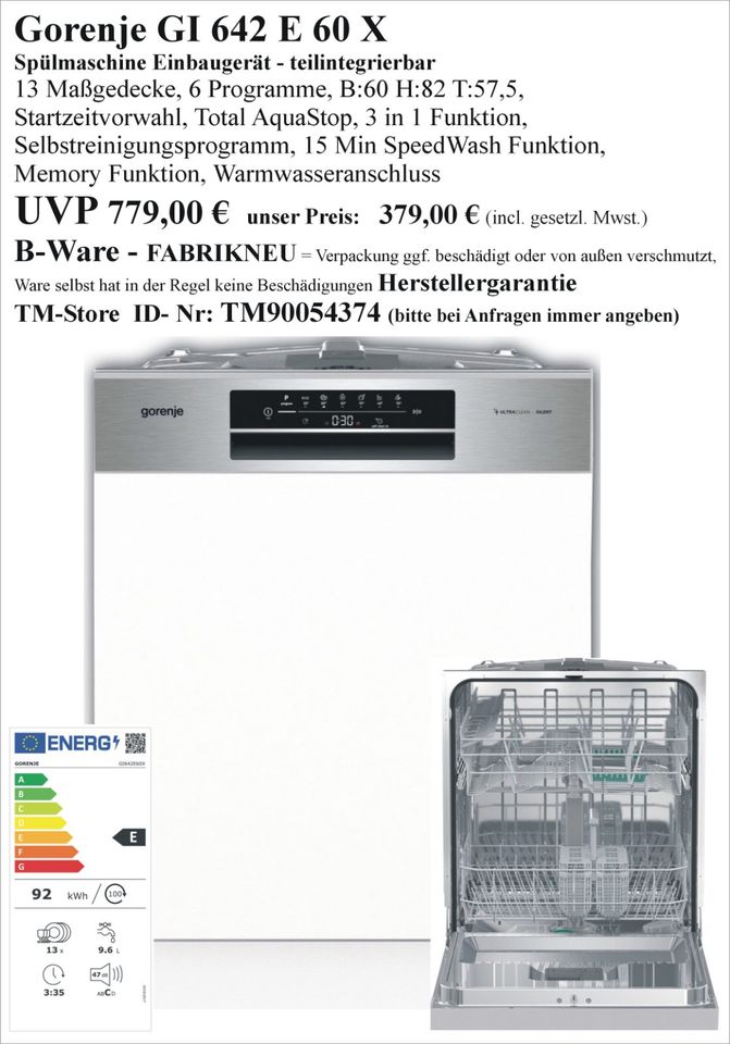 Spülmaschine NEU als B-Ware Einbaugerät Standgerät Einbau Stand Gerät teilintegriebar vollintegriebar integriebar teil voll auch Miele Neff AEG Siemens Bosch usw. auch für Gewerbe Pension Gastro in Wolfhagen 