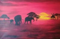 Keilrahmen Bild Sonnenuntergang Afrika Savanne Elefant Giraffe Bayern - Hasloch Vorschau