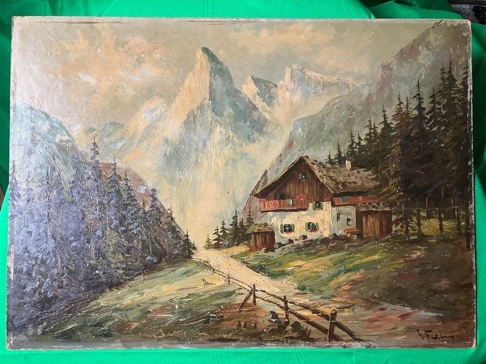 Gemälde, Öl auf Holz, Gebirgslandschaft mit Haus, signiert in Bonn