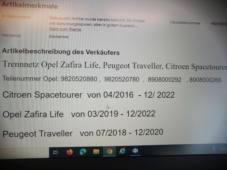 **Trenngitter /Gepäcknetz Opel Zafira Life ab 2020 NEU ** in Reiser