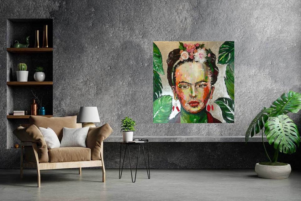 Original Bild Acryl Gemälde Frida Kahlo Gesicht Porträt Silber in Porta Westfalica