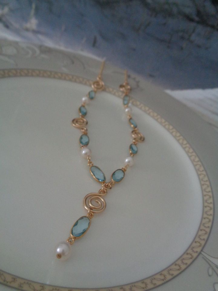 Perlenkette, kombiniert mit Blautopas, Y-Kette, Gold Filled in Wittenberg