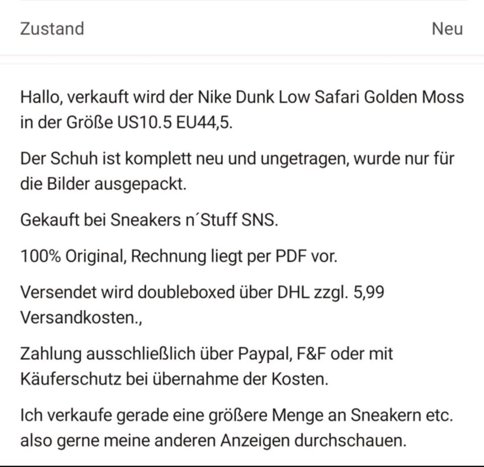 Nike Dunk Low Safari Golden Moss EU 44.5 US 10.5 in Schwerin
