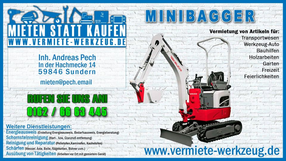 ⚡ Mieten Minibagger 1,2t inkl. Schaufelpaket Verleih Sundern ⚡ in Sundern (Sauerland)