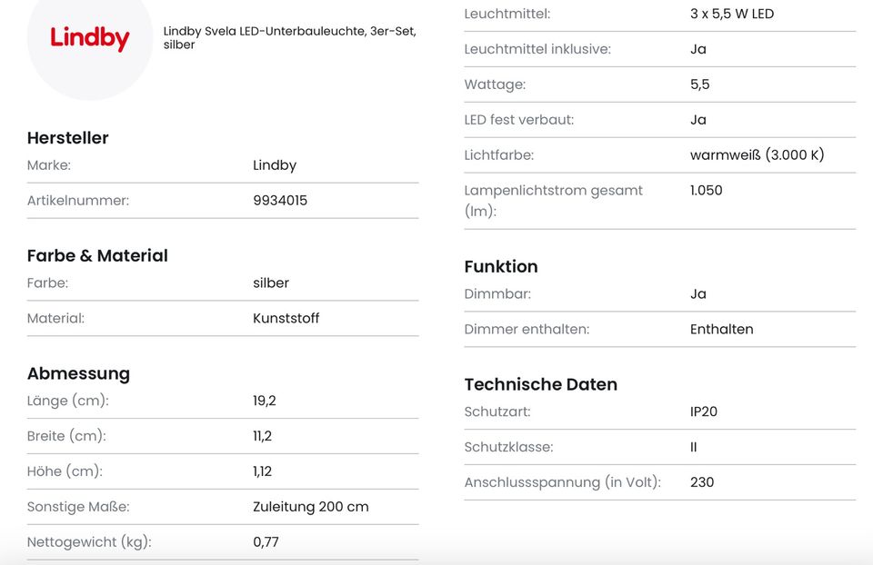 Lindby Unterbauleuchte Küche „Svela“ / 3er Set / Dimmbar / Sensor in Würzburg