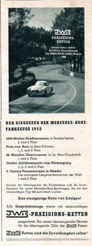 Mercedes Benz 300 SL Rennerfolge 1952 Werbung Reklame in Steinen