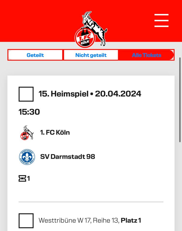 Vekaufe 1 Ticket gegen Darmstadt in Köln