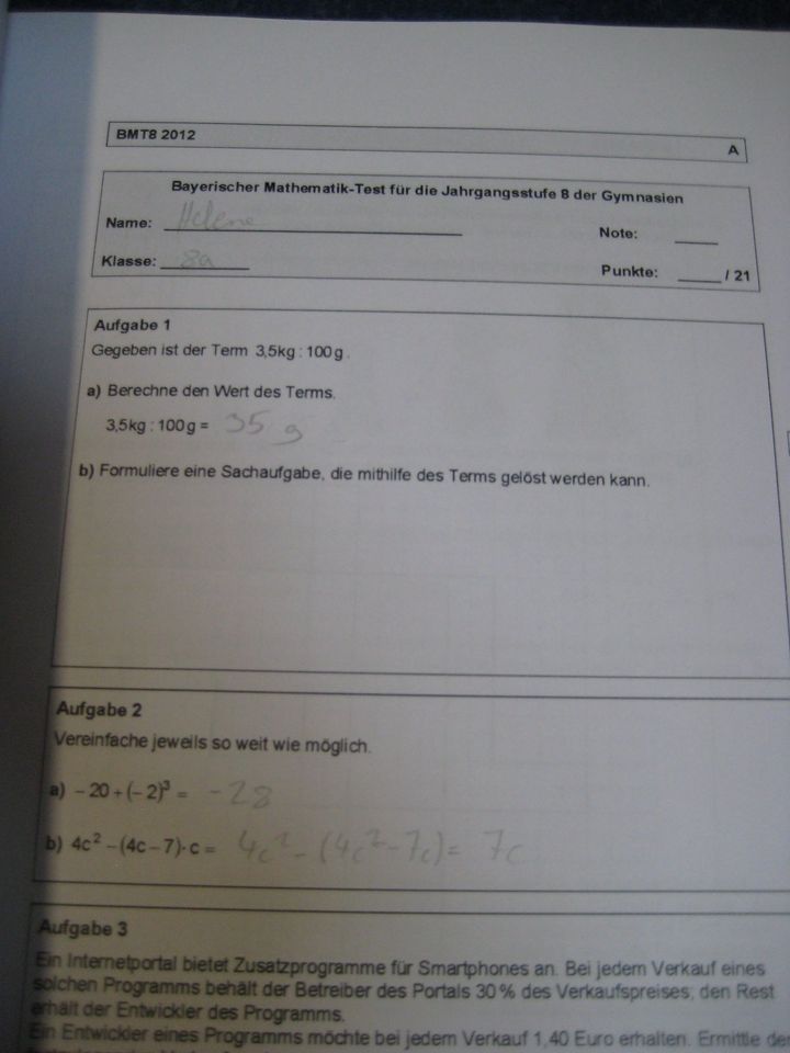 Schulaufgaben von bayerischen Gymnasien Mathematik 8 in Schweinfurt