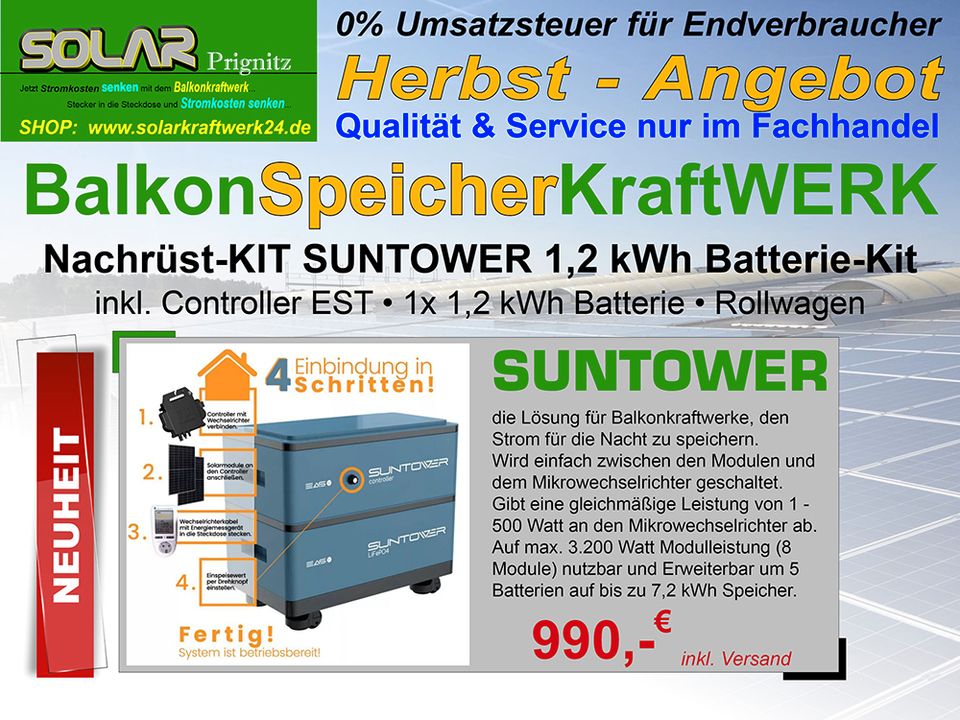 BalkonSpeicherKraftWERK Nachrüst-KIT SunTower 1,2 kWh Batterie-Kit ab 990,-€ inkl. kostenlosen Versand in Dannenwalde (Gumtow)