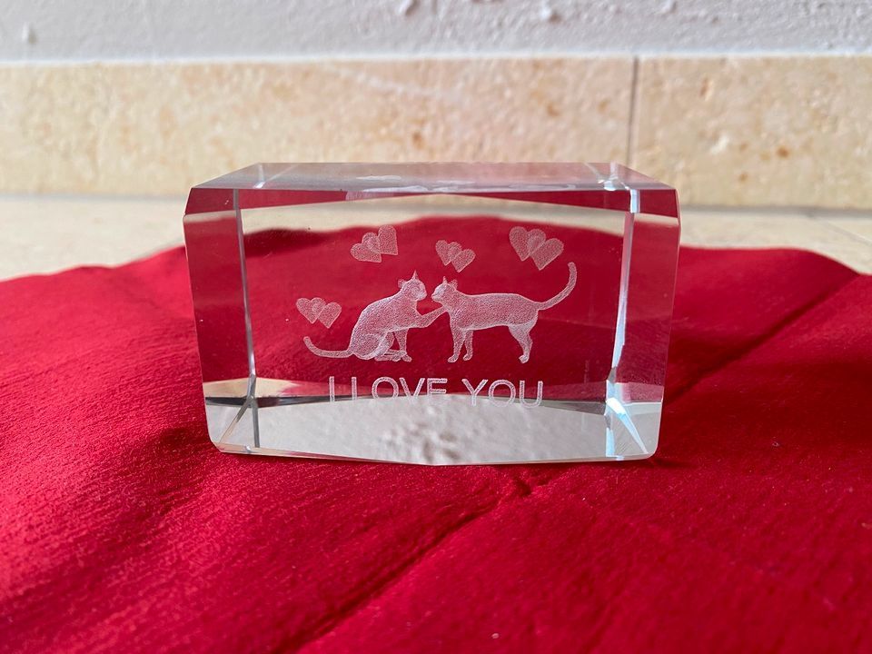 Glas Deko 3 D Katzen I love you Liebe Valentinstag Katze Herz in Hartha