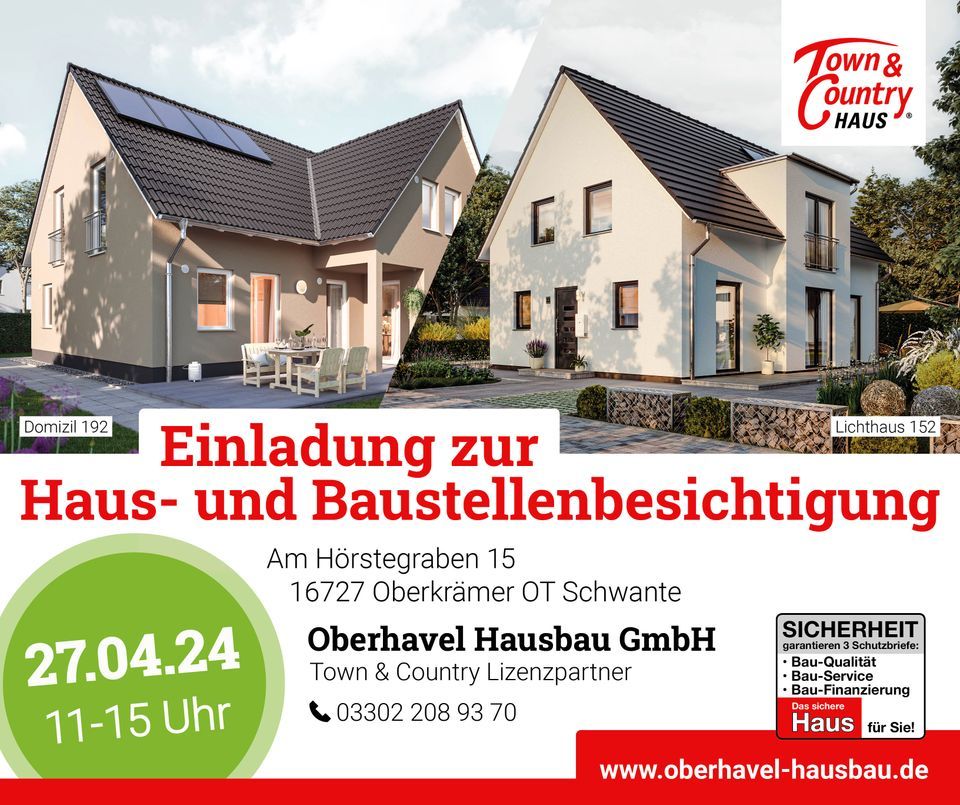 TOWN & COUNTRY HAUS BAUSTELLENBESICHTIGUNG am 27.04. von 11-15 Uhr in Oberkrämer OT Schwante in Oberkrämer