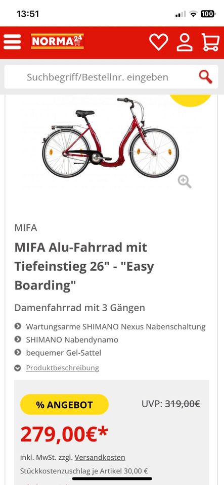 Mifa  Tiefeinsteiger Fahrrad 26 Zoll in Schönwalde (Vorpommern)