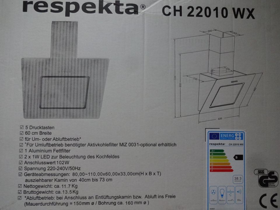 DUNSTABZUGSHAUBE RESPEKTA CH22010WX SCHRÄGHAUBE NEU OVP in Kerken