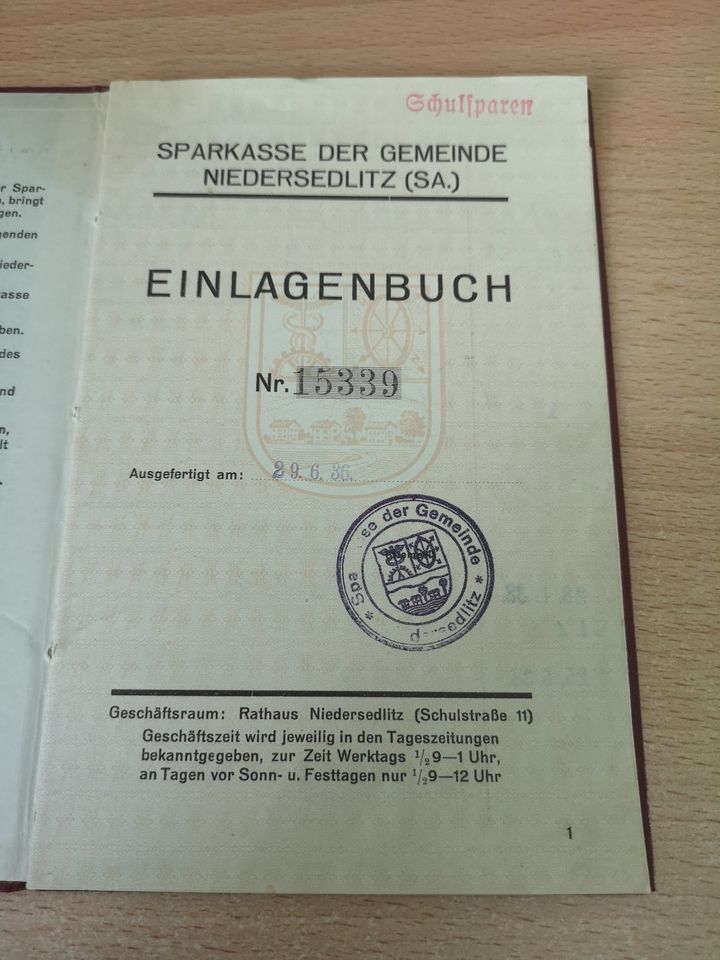 Sparbuch, Sparkasse Niedersedlitz, 1936 in Dresden