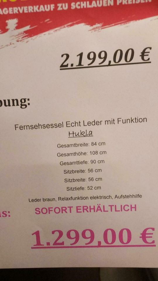 (DZ)Relaxsessel ,Aufstehhilfe,HUKLA,Leder statt 2199€ in Delitzsch