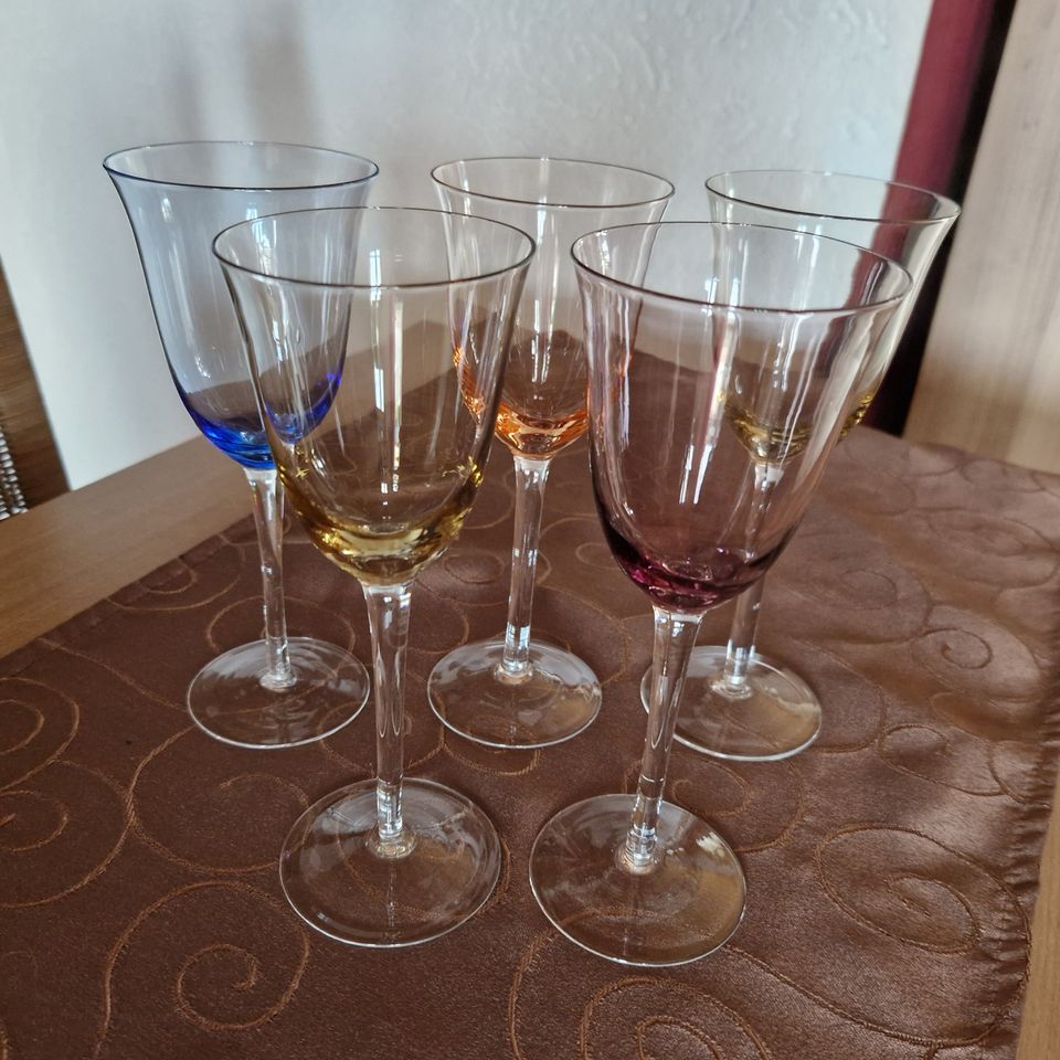 5 Weingläser mit versch. farbigen Kelch - sehr gepflegt in Borken