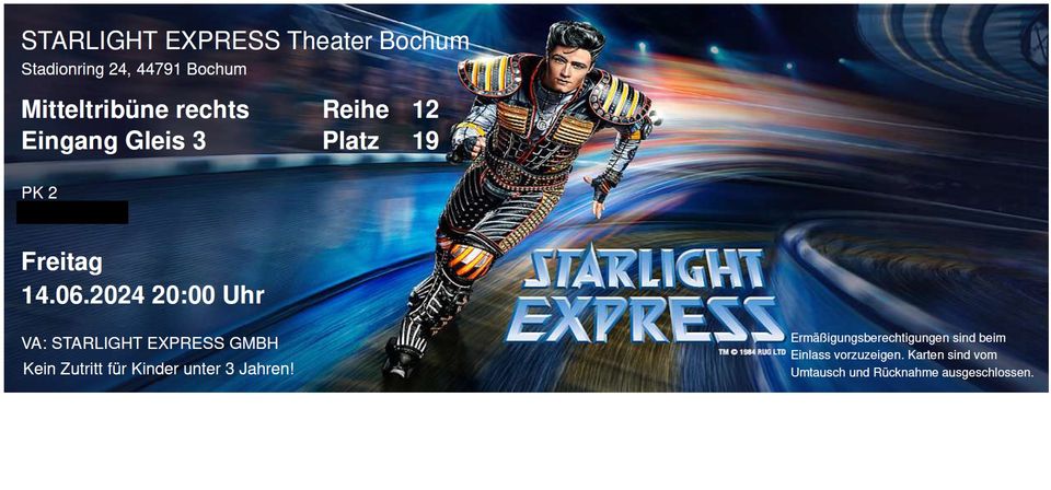 2x Tickets mittig Starlight Express - Freitag, 14.06.24, 20 Uhr in Unna