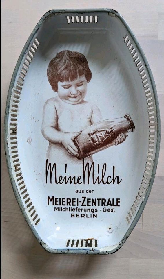 Emaille Brotkorb/Brotschale/Schrippenschale mit Werbung/Reklame in Diekholzen