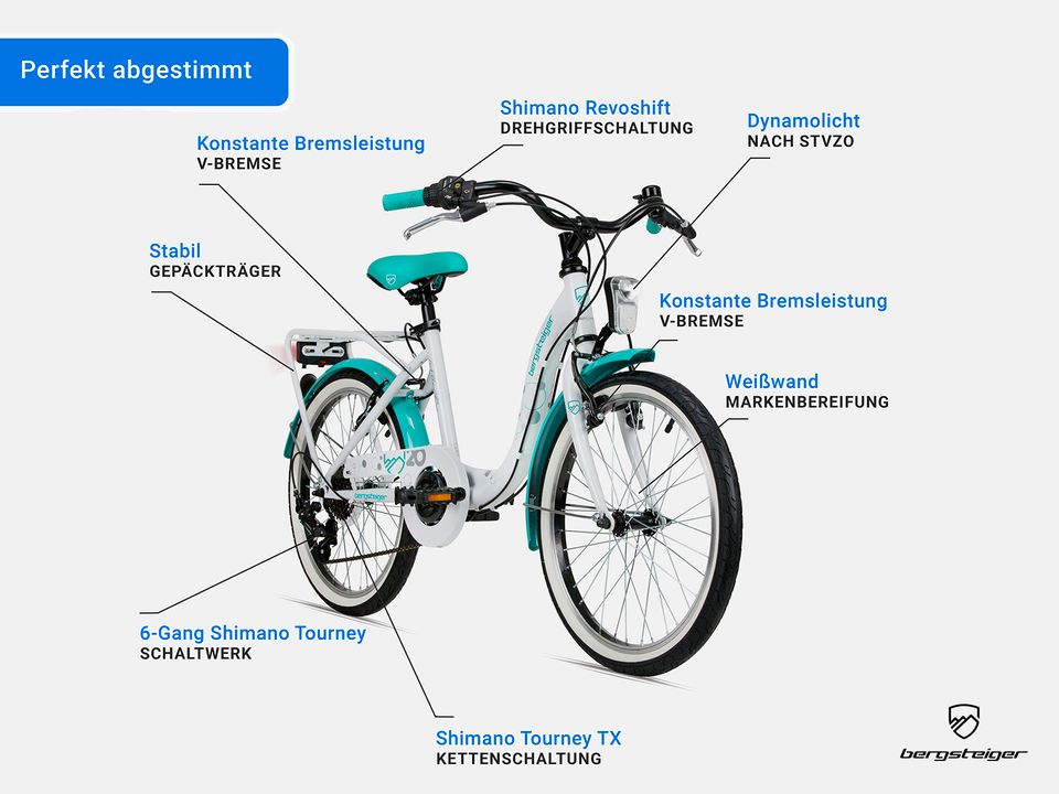 NEU Bergsteiger Atlantis 20 Zoll Kinderfahrrad, StVZO, Shimano Schaltung, Mädchenfahrrad mit Dynamo-Licht, Probefahrt im Werksverkauf in Diepholz