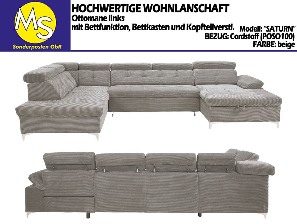 Sofa Couch Wohnlandschaft U Form Bettfunktion-Bettkasten Cord bei in Mettingen