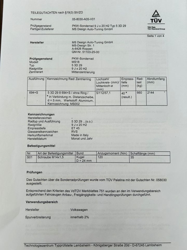 MS 20 Zoll Alufelgen 245/35 9J x20 H2 ET45 in Solingen