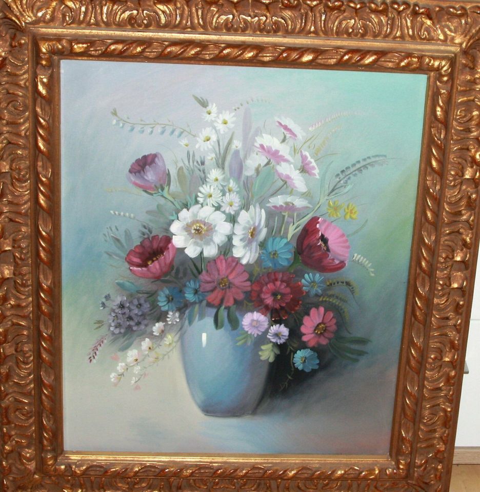 Öl Bild M. Hartmann Blumen Strauß Vase Stillleben 60x50cm Gold in Schwerte