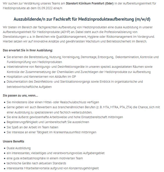 Auszubildende/n Fachkraft für Medizinprodukteaufbereitung (m/w/d) in Treplin