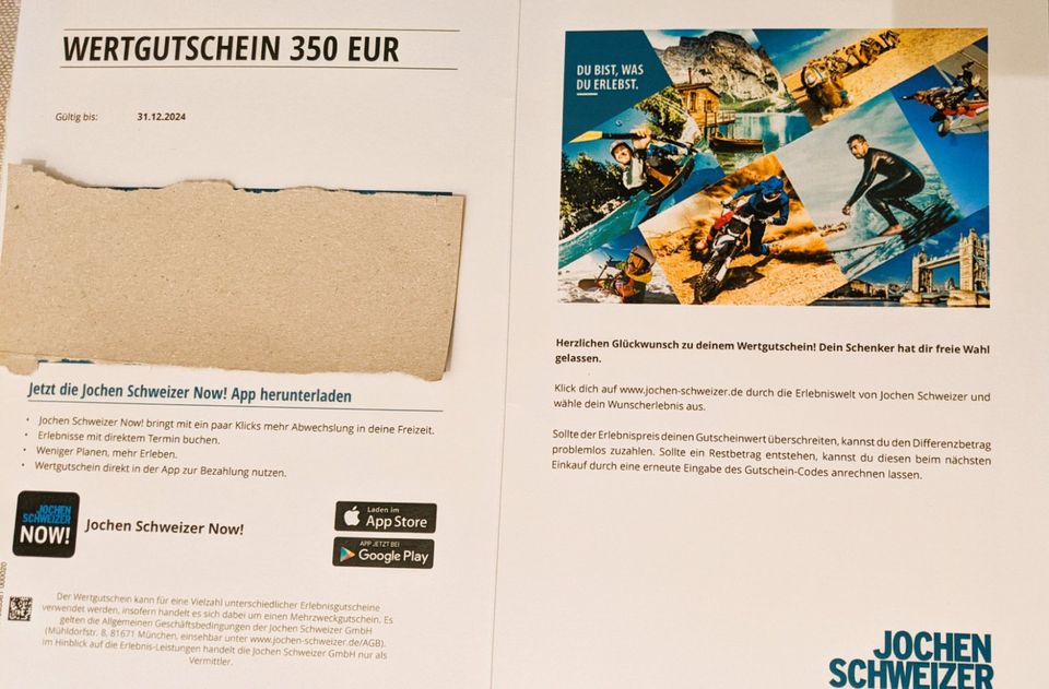350€ Wertgutschein von Jochen Schweizer, für 250€ in Friedrichshafen