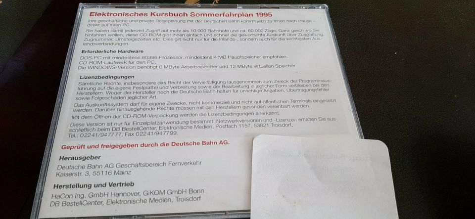 Verkaufe CD  elektronisches  Kursbuch der DB  Sommerfahrplan 1995 in München