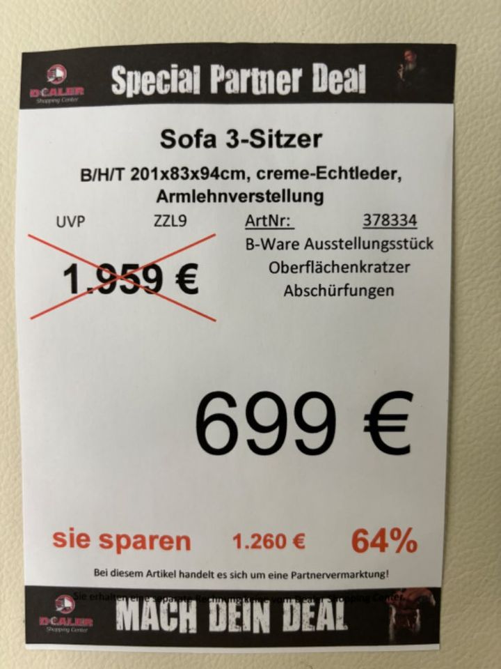 WSV 3-Sitzer / Sofa / Sitzelement Echtleder Creme statt 1959€ in Zeitz