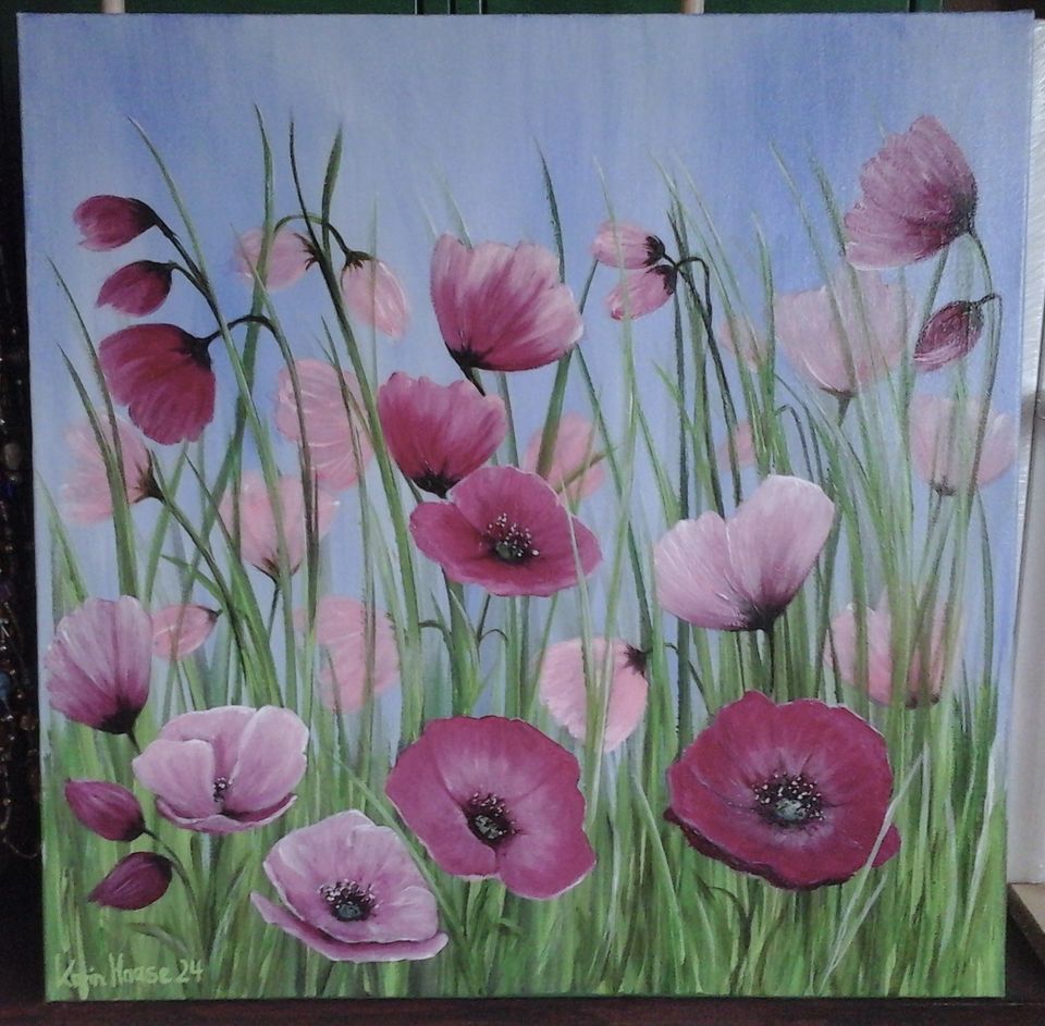 Hand gemalt Leinwand Acryl Bild Mohnblüten Wiesen Blumen pink NEU in Bünde